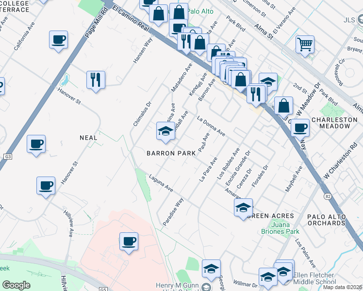 map of restaurants, bars, coffee shops, grocery stores, and more near 821 Barron Avenue in Palo Alto