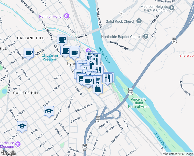 map of restaurants, bars, coffee shops, grocery stores, and more near 1201 Jefferson Street in Lynchburg