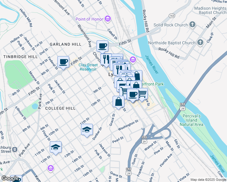 map of restaurants, bars, coffee shops, grocery stores, and more near in Lynchburg