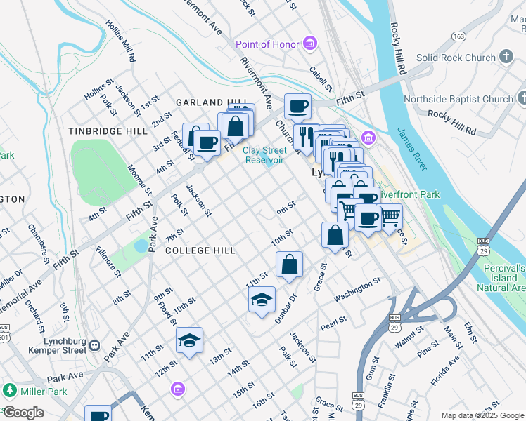 map of restaurants, bars, coffee shops, grocery stores, and more near 700 8th Street in Lynchburg