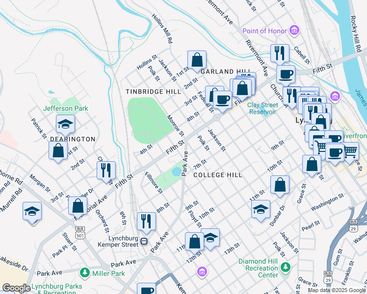 map of restaurants, bars, coffee shops, grocery stores, and more near 1127 Park Avenue in Lynchburg