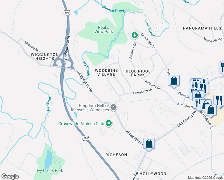 map of restaurants, bars, coffee shops, grocery stores, and more near 1427 Ashbourne Drive in Lynchburg