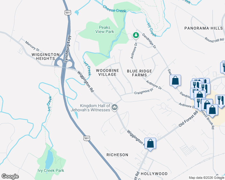 map of restaurants, bars, coffee shops, grocery stores, and more near 1427 Ashbourne Drive in Lynchburg