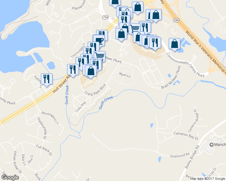 map of restaurants, bars, coffee shops, grocery stores, and more near 4829 Sapphire Drive in Midlothian