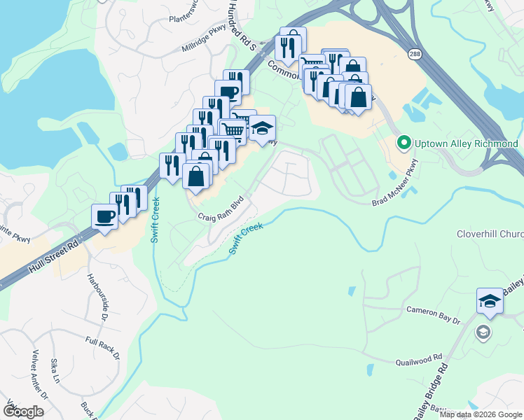 map of restaurants, bars, coffee shops, grocery stores, and more near 4829 Sapphire Drive in Midlothian