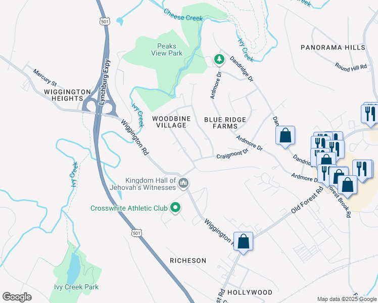 map of restaurants, bars, coffee shops, grocery stores, and more near 1404 Ashbourne Drive in Lynchburg