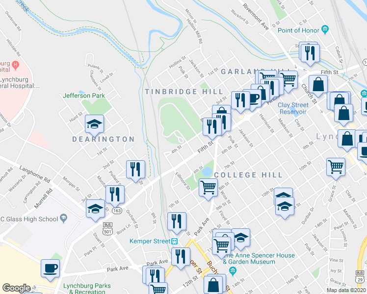 map of restaurants, bars, coffee shops, grocery stores, and more near 1308 4th Street in Lynchburg