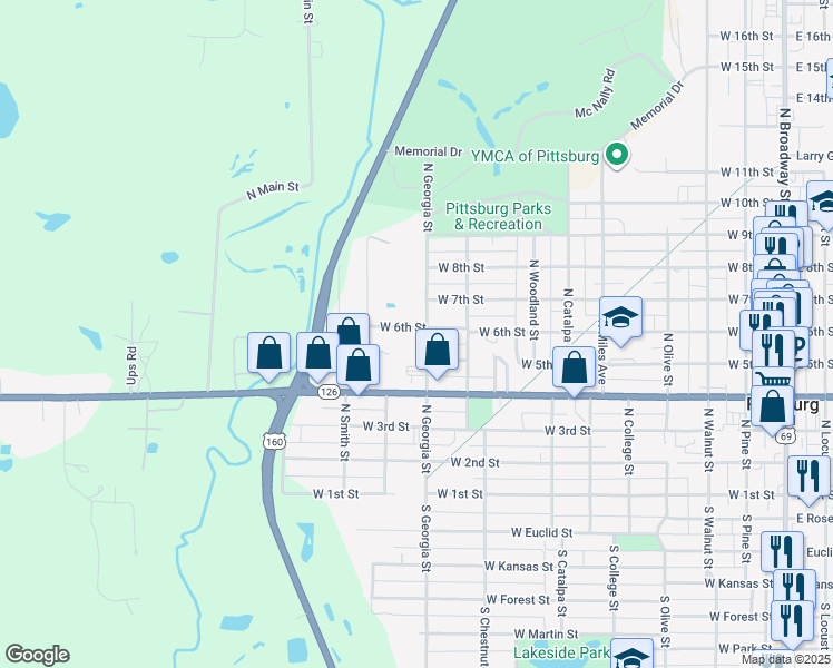 map of restaurants, bars, coffee shops, grocery stores, and more near 903 West 6th Street in Pittsburg