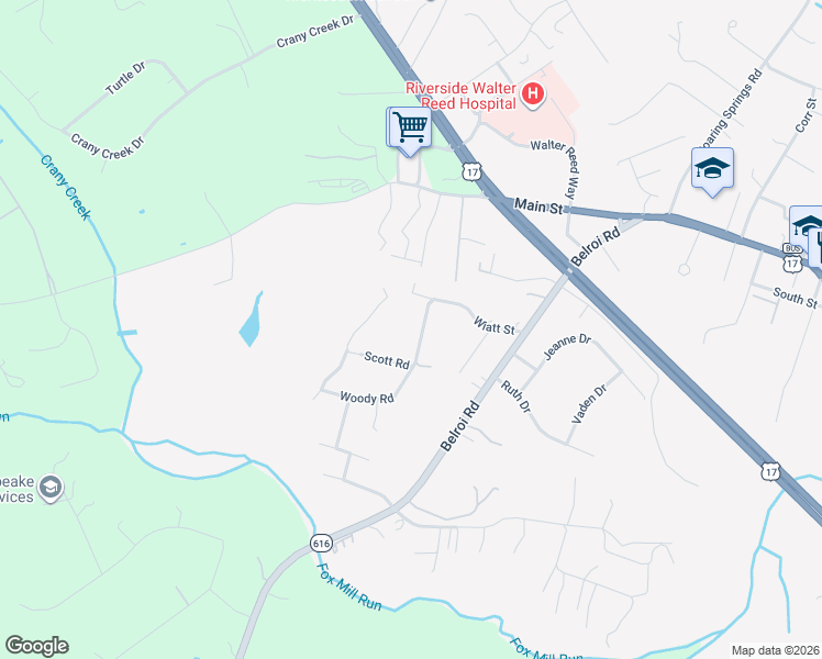 map of restaurants, bars, coffee shops, grocery stores, and more near 7276 Woody Road in Gloucester Courthouse