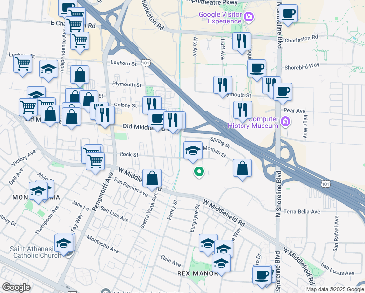 map of restaurants, bars, coffee shops, grocery stores, and more near 742 Telford Ave in Mountain View