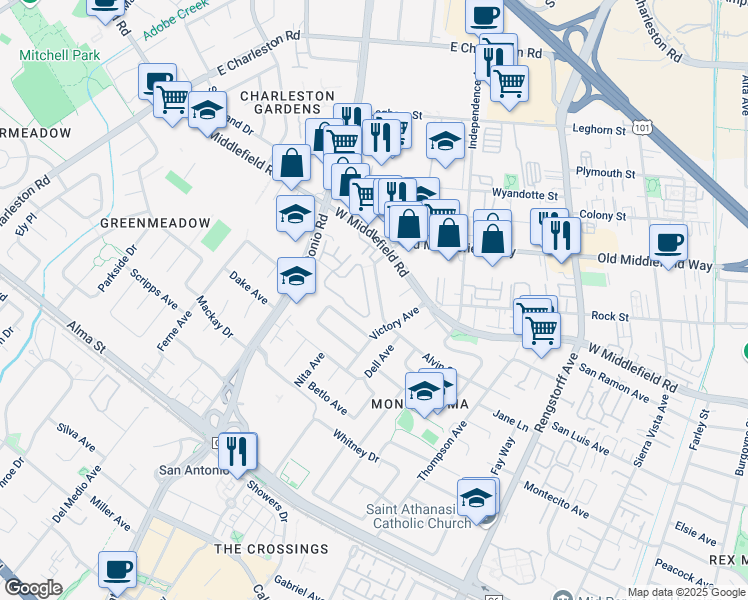 map of restaurants, bars, coffee shops, grocery stores, and more near 2527 Alvin Street in Mountain View