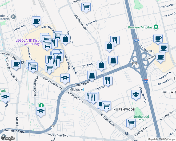 map of restaurants, bars, coffee shops, grocery stores, and more near 1452 Nightshade Road in Milpitas