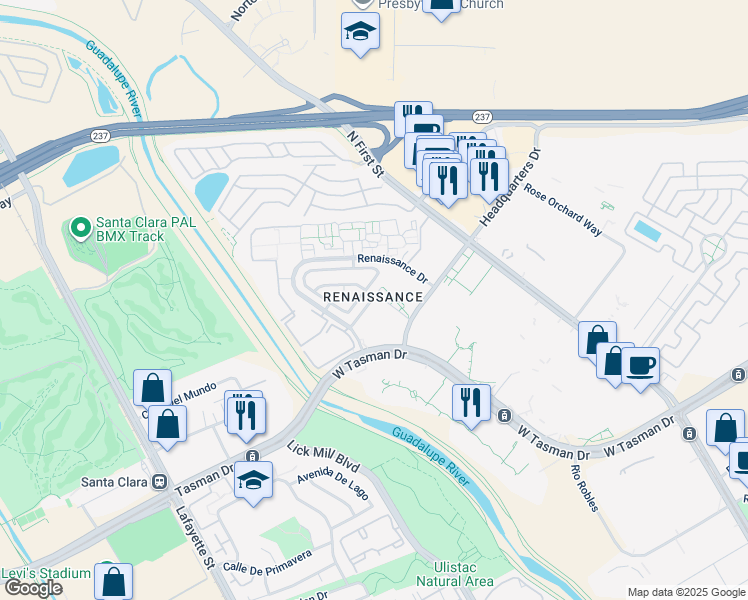 map of restaurants, bars, coffee shops, grocery stores, and more near 99 Vista Montaña in San Jose