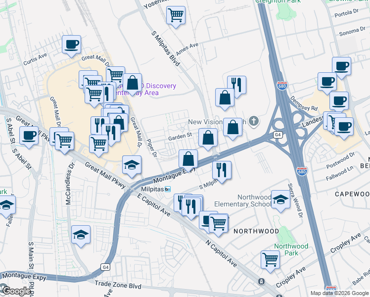 map of restaurants, bars, coffee shops, grocery stores, and more near 1463 Nightshade Road in Milpitas