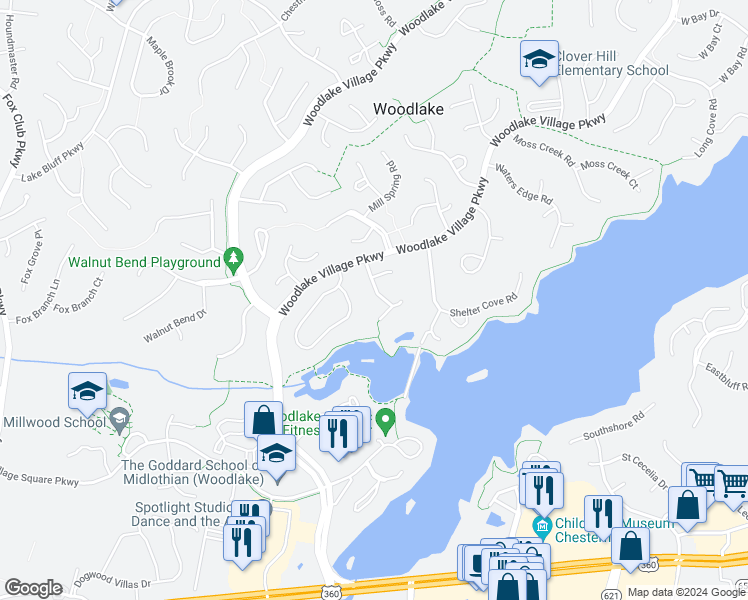 map of restaurants, bars, coffee shops, grocery stores, and more near 6114 Duck Cove Road in Midlothian