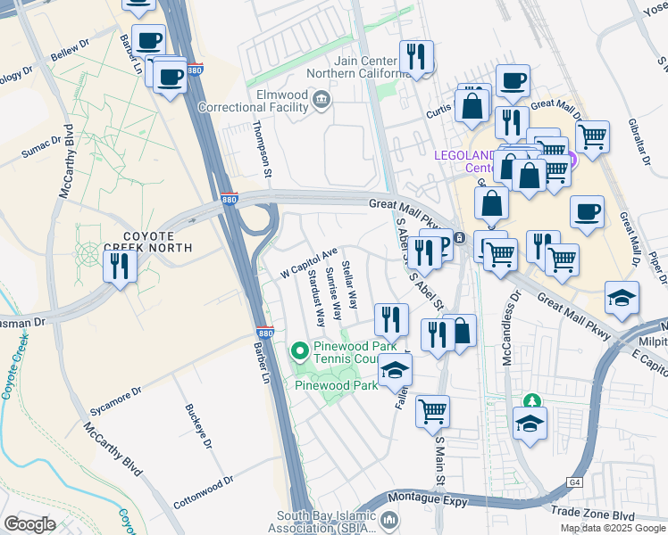 map of restaurants, bars, coffee shops, grocery stores, and more near 1140 Sunrise Way in Milpitas