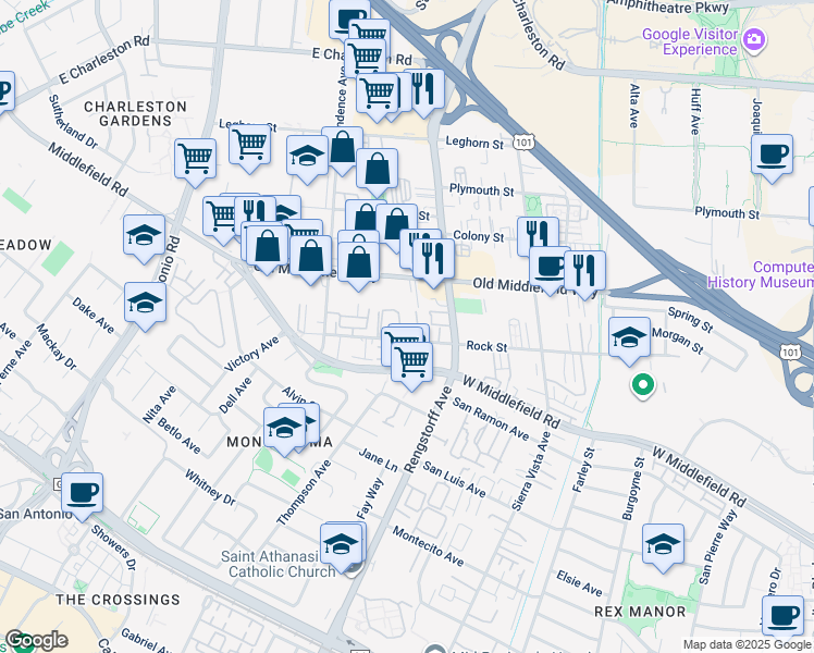 map of restaurants, bars, coffee shops, grocery stores, and more near 769 Bryn Mawr Court in Mountain View