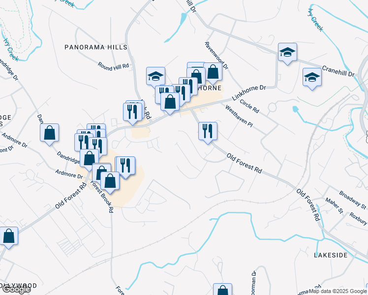 map of restaurants, bars, coffee shops, grocery stores, and more near 174 Robinia Road in Lynchburg