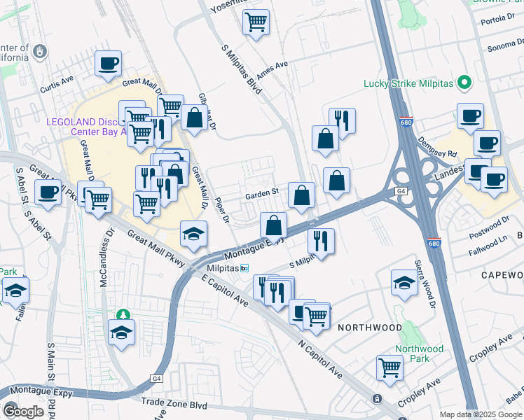 map of restaurants, bars, coffee shops, grocery stores, and more near 1452 Nightshade Road in Milpitas