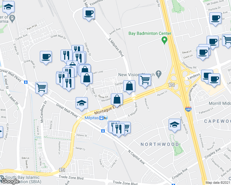 map of restaurants, bars, coffee shops, grocery stores, and more near 1463 Nightshade Road in Milpitas