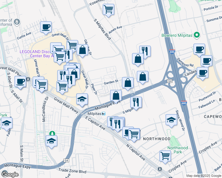 map of restaurants, bars, coffee shops, grocery stores, and more near 1463 Nightshade Road in Milpitas