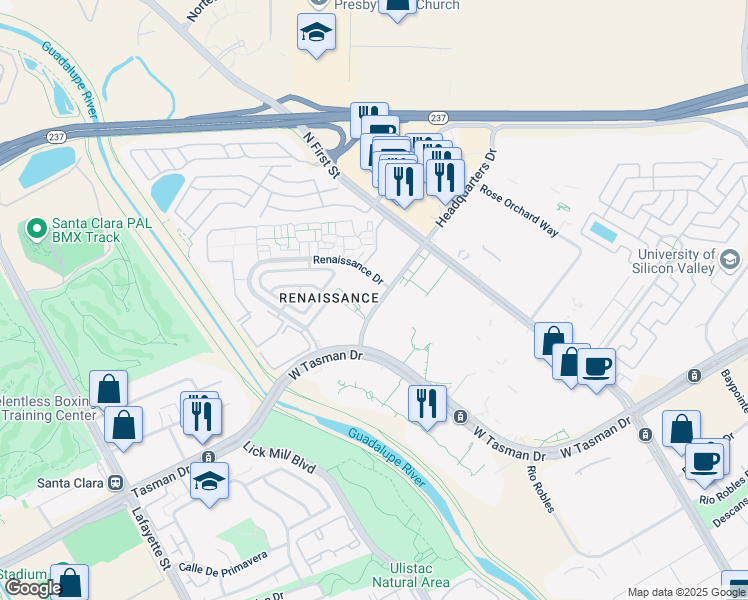 map of restaurants, bars, coffee shops, grocery stores, and more near 99 Vista Montana in San Jose