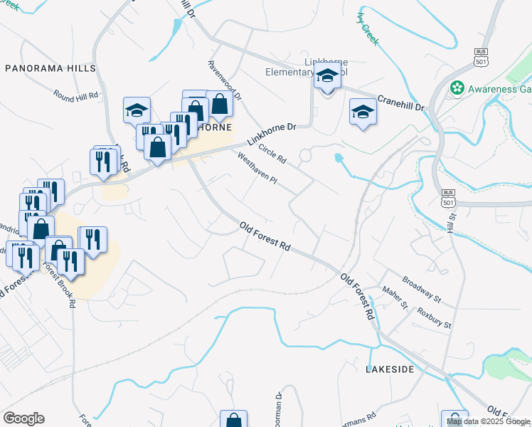 map of restaurants, bars, coffee shops, grocery stores, and more near 2516 Old Forest Road in Lynchburg