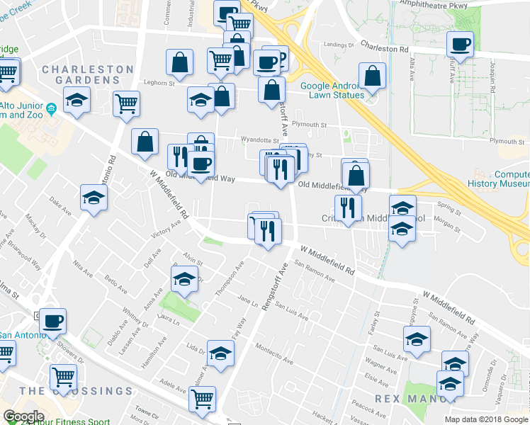 map of restaurants, bars, coffee shops, grocery stores, and more near 773 Bryn Mawr Court in Mountain View