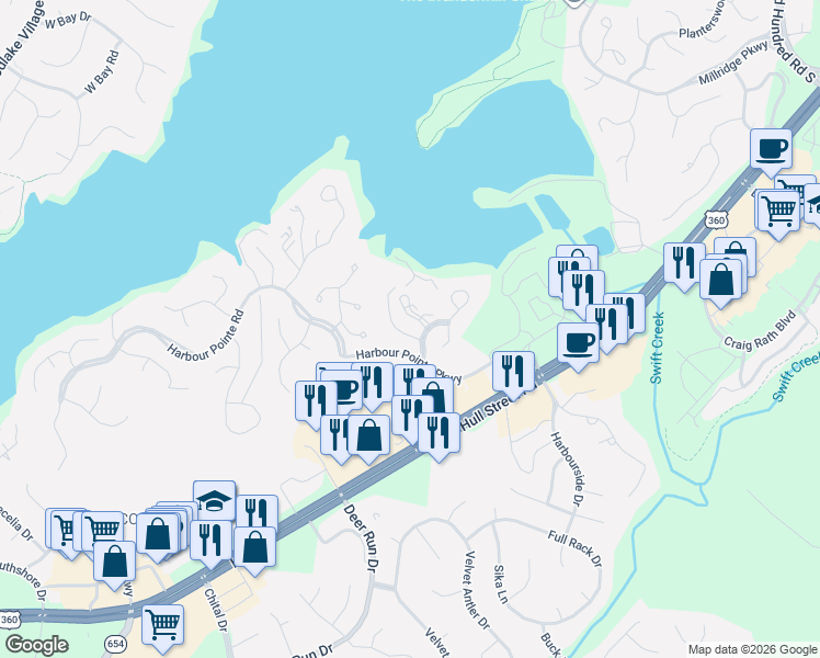 map of restaurants, bars, coffee shops, grocery stores, and more near 5825 Spinnaker Cove Road in Midlothian