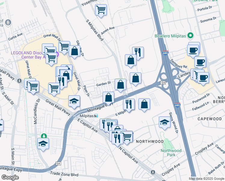map of restaurants, bars, coffee shops, grocery stores, and more near 1453 Lavender Loop in Milpitas