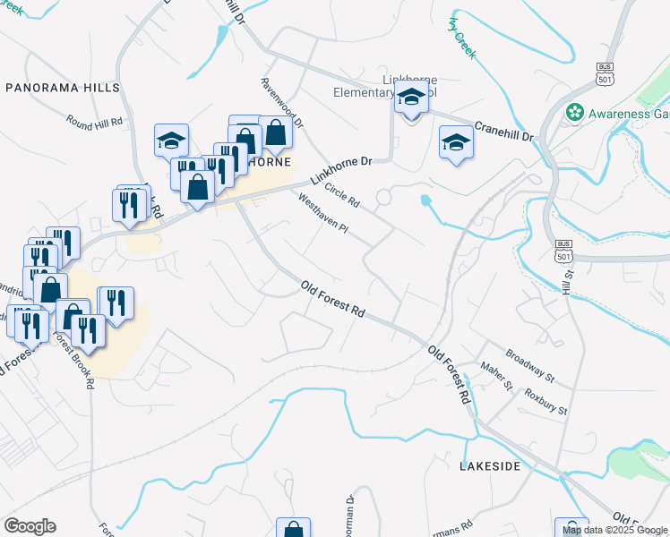 map of restaurants, bars, coffee shops, grocery stores, and more near 2516 Old Forest Road in Lynchburg