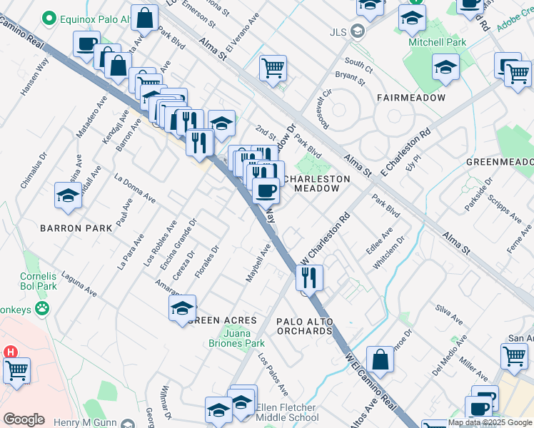 map of restaurants, bars, coffee shops, grocery stores, and more near 4131 California 82 in Palo Alto