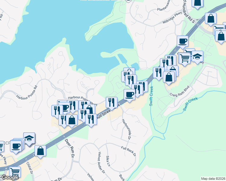 map of restaurants, bars, coffee shops, grocery stores, and more near 5924 Harbour Lane in Midlothian