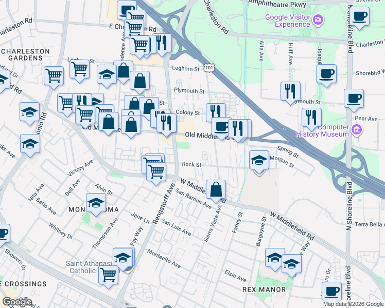 map of restaurants, bars, coffee shops, grocery stores, and more near 2000 Rock Street in Mountain View