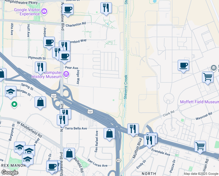 map of restaurants, bars, coffee shops, grocery stores, and more near 1061 La Avenida Street in Mountain View