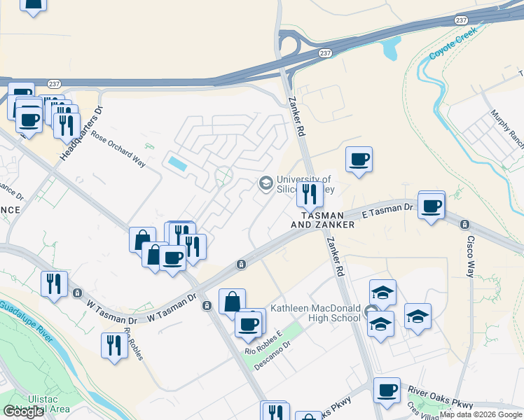 map of restaurants, bars, coffee shops, grocery stores, and more near 175 Baypointe Parkway in San Jose