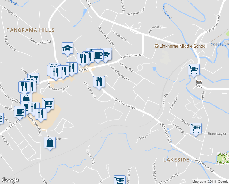 map of restaurants, bars, coffee shops, grocery stores, and more near 2601 Anthony Place in Lynchburg