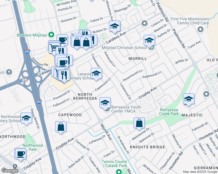 map of restaurants, bars, coffee shops, grocery stores, and more near 3139 Kermath Drive in San Jose