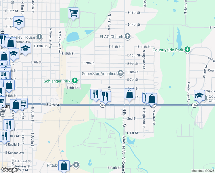 map of restaurants, bars, coffee shops, grocery stores, and more near 601 North Tucker Street in Pittsburg