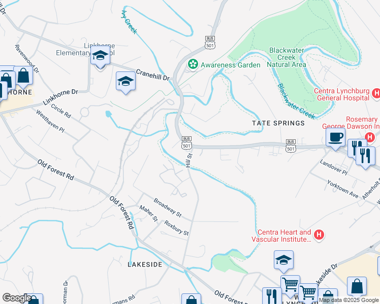 map of restaurants, bars, coffee shops, grocery stores, and more near 2800 Hill Street in Lynchburg
