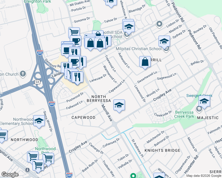 map of restaurants, bars, coffee shops, grocery stores, and more near 3126 Capewood Lane in San Jose