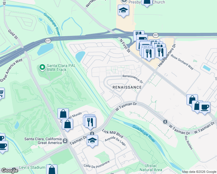 map of restaurants, bars, coffee shops, grocery stores, and more near 4255 Verdigris Circle in San Jose