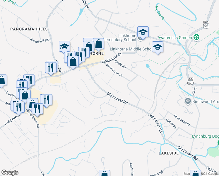 map of restaurants, bars, coffee shops, grocery stores, and more near 2601 Anthony Place in Lynchburg