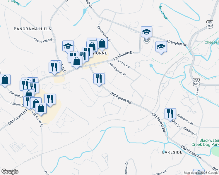 map of restaurants, bars, coffee shops, grocery stores, and more near 2601 Anthony Place in Lynchburg