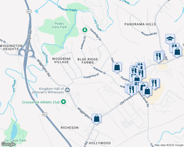 map of restaurants, bars, coffee shops, grocery stores, and more near 1200 Craigmont Drive in Lynchburg