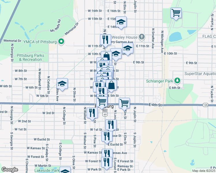 map of restaurants, bars, coffee shops, grocery stores, and more near 511 North Locust Street in Pittsburg