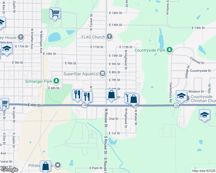 map of restaurants, bars, coffee shops, grocery stores, and more near 1109 East 6th Street in Pittsburg