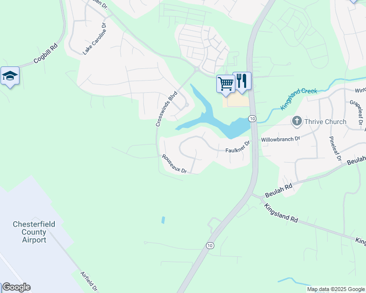map of restaurants, bars, coffee shops, grocery stores, and more near 6473 Faulkner Drive in Chesterfield
