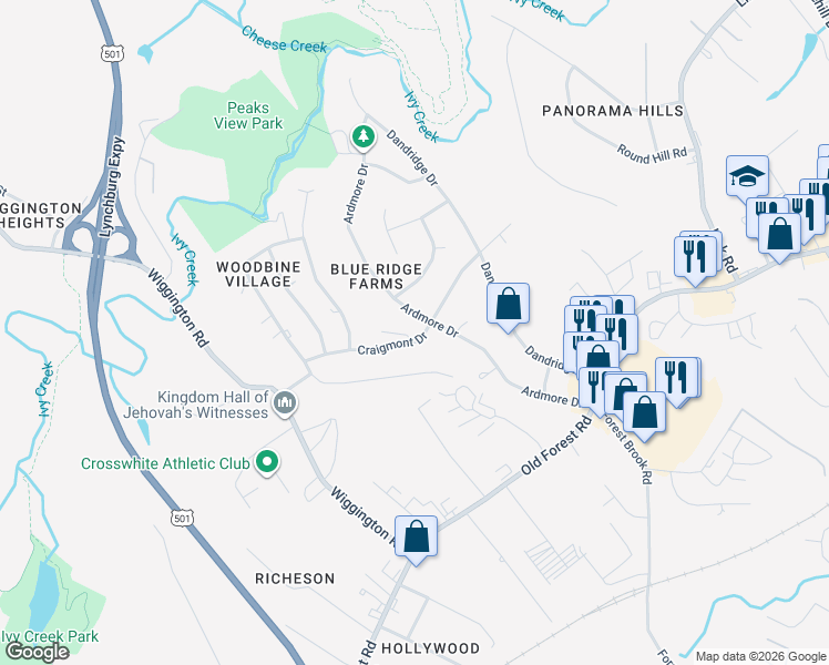 map of restaurants, bars, coffee shops, grocery stores, and more near 1200 Craigmont Drive in Lynchburg