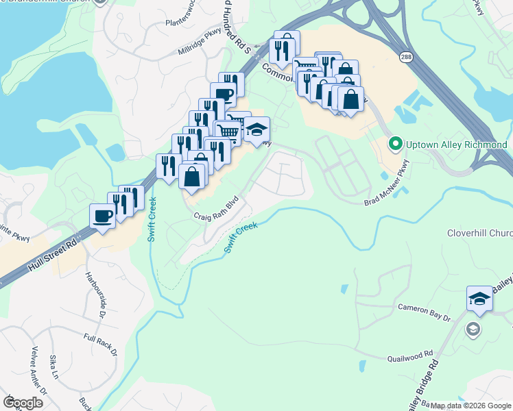 map of restaurants, bars, coffee shops, grocery stores, and more near 4829 Sapphire Drive in Midlothian